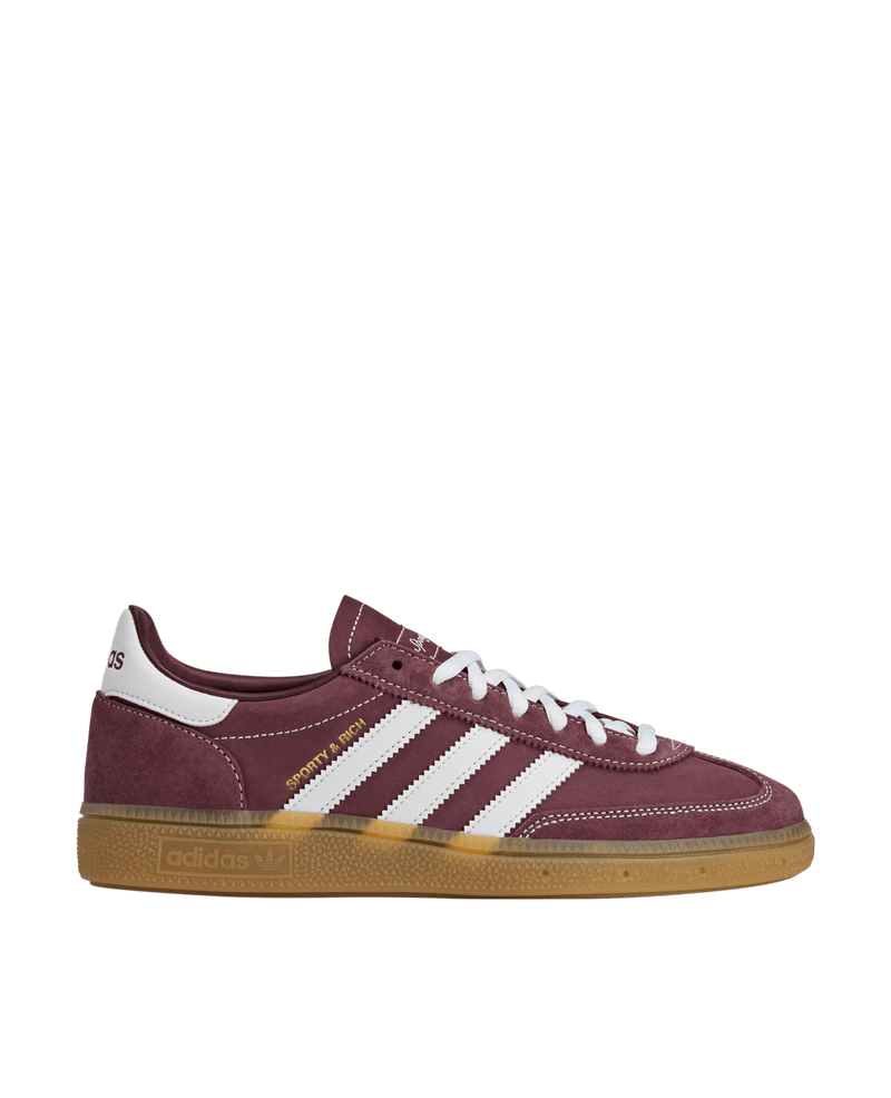 adidas x Sporty & Rich Handball Spezial sneaker in shadow red suede with white three stripes and gum sole.
