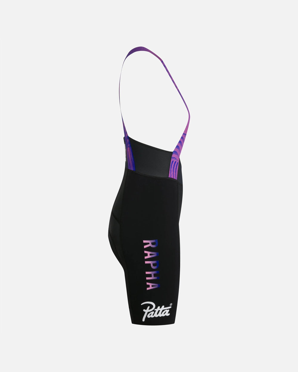 Side view of Patta x Rapha women's Pro Team bib shorts in black with pink and blue logo details.